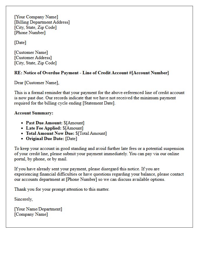 First Overdue Payment Warning Letter for a Line of Credit