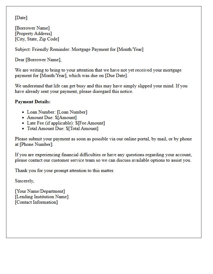 Friendly Reminder Letter for Missed Mortgage Payment