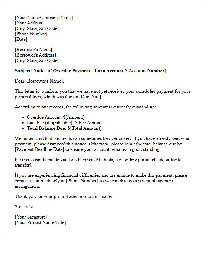 Initial Overdue Payment Letter for Personal Loans