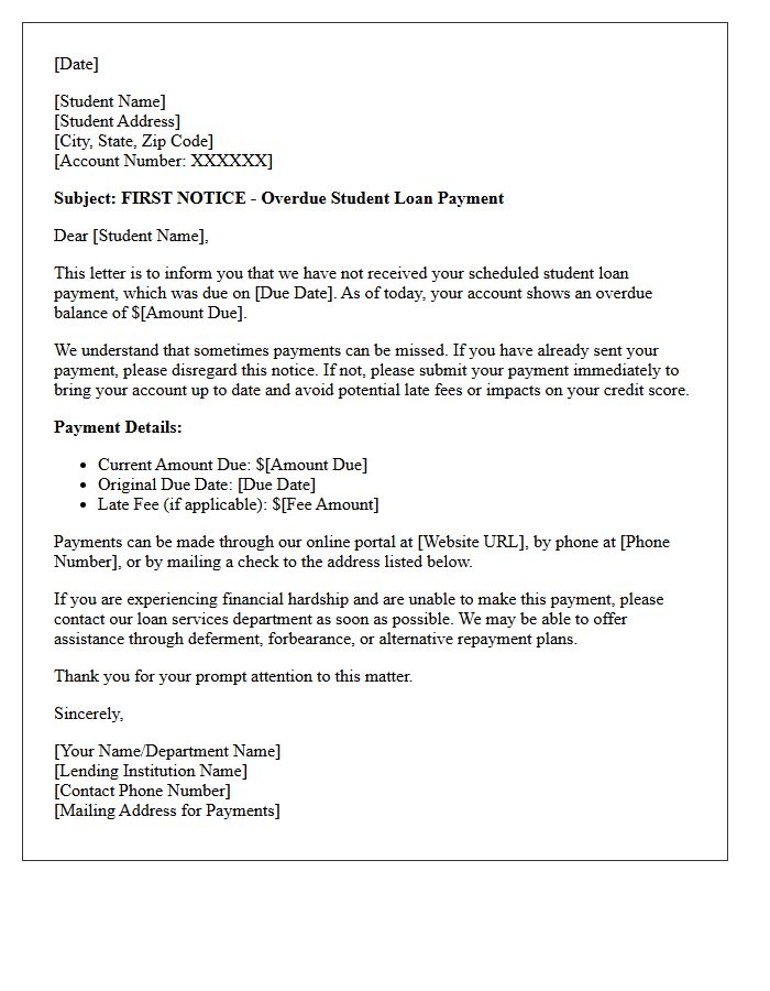 Student Loan First Notice of Overdue Payment Letter