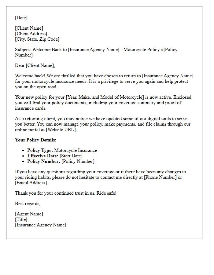 Returning Client Welcome Letter for Motorcycle Coverage