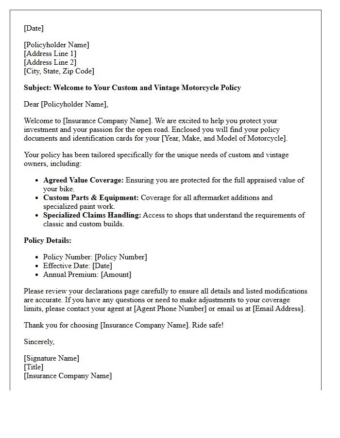 Welcome Letter for Custom and Vintage Motorcycle Policies