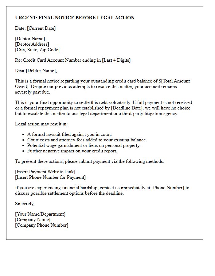 Final Collections Letter Warning of Legal Action for Credit Card Arrears
