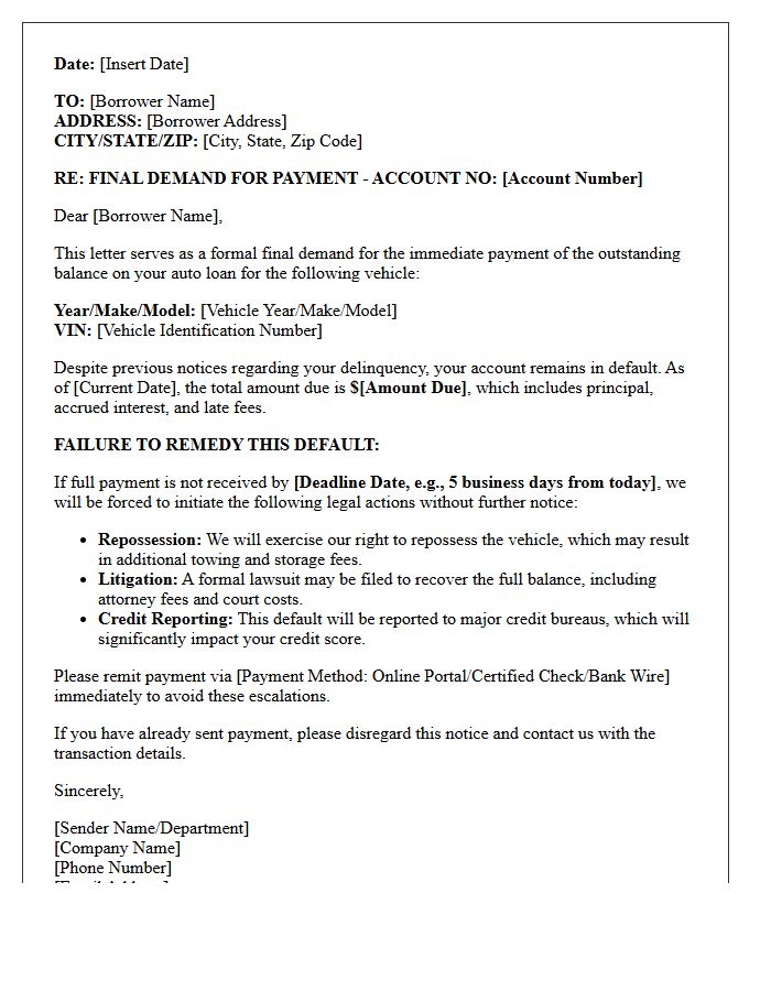 Final Demand Letter Indicating Legal Escalation for Auto Loan Default