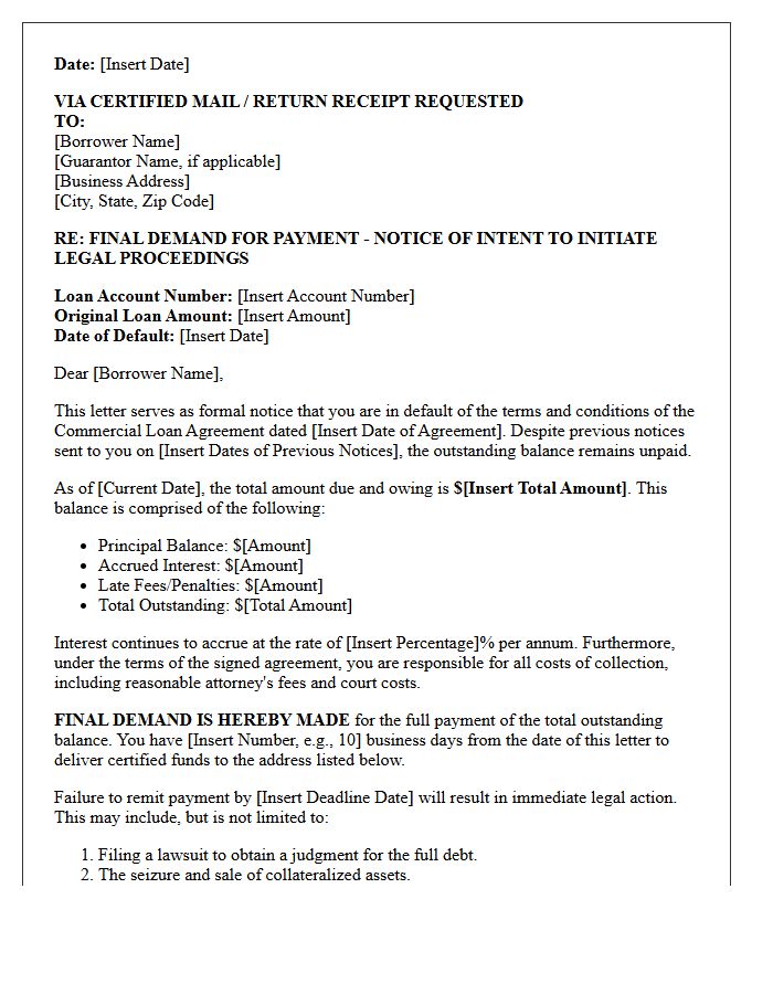 Final Demand Letter Prior to Legal Action for Defaulted Commercial Loan