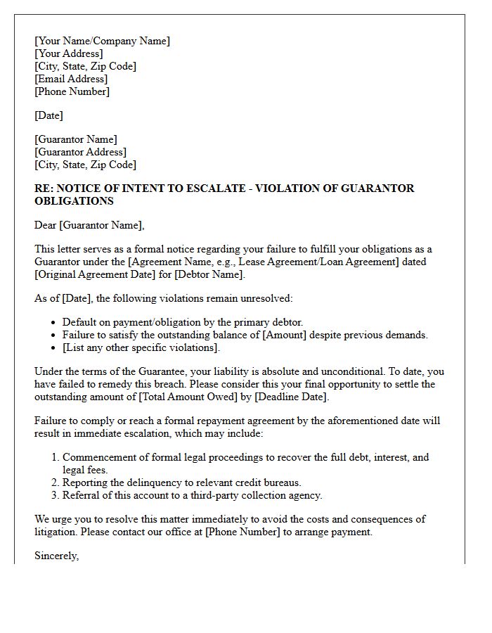 Intent to Escalate Letter Regarding Violation of Guarantor Obligations