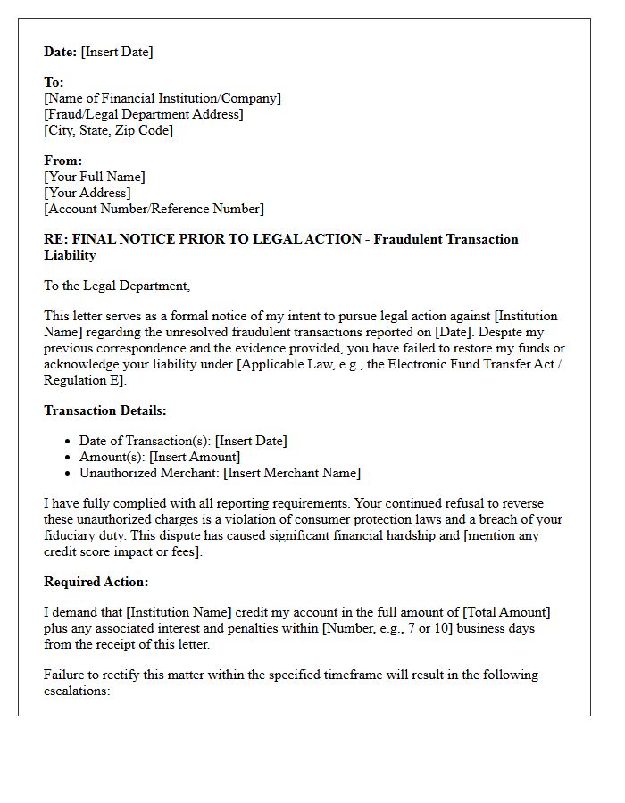 Legal Action Escalation Letter Concerning Fraudulent Transaction Liability