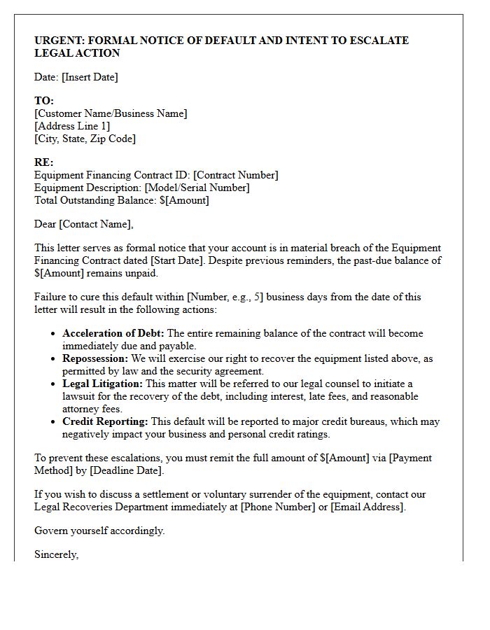Legal Escalation Notice Letter for Default on Equipment Financing Contract