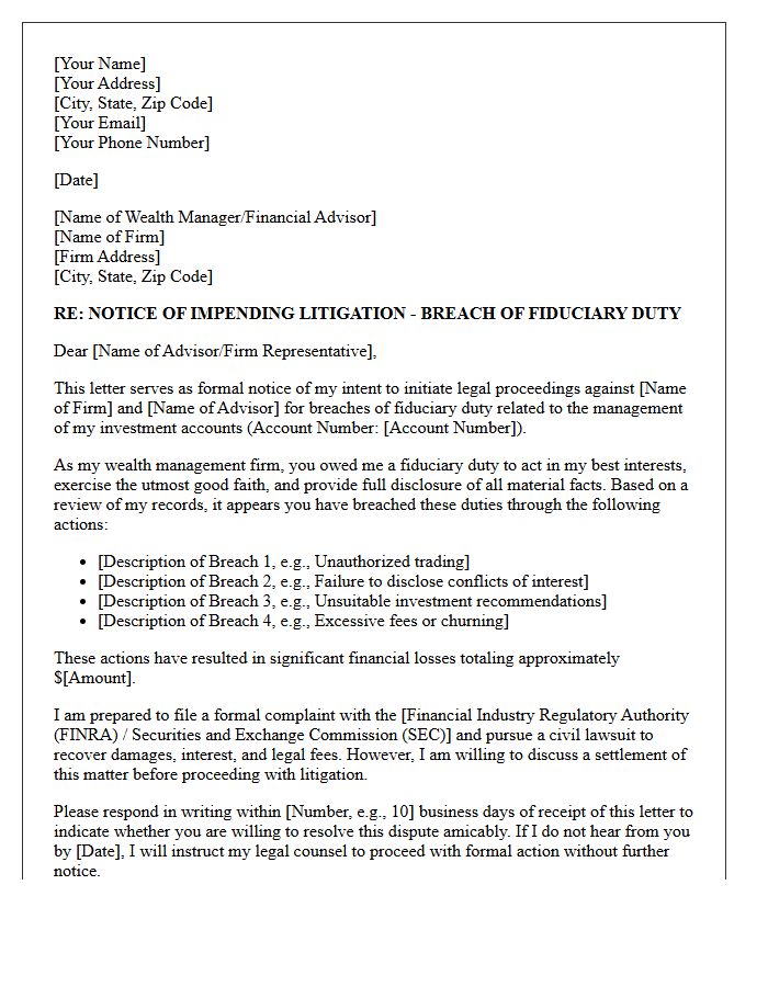 Letter of Impending Litigation for Breach of Fiduciary Duty in Wealth Management