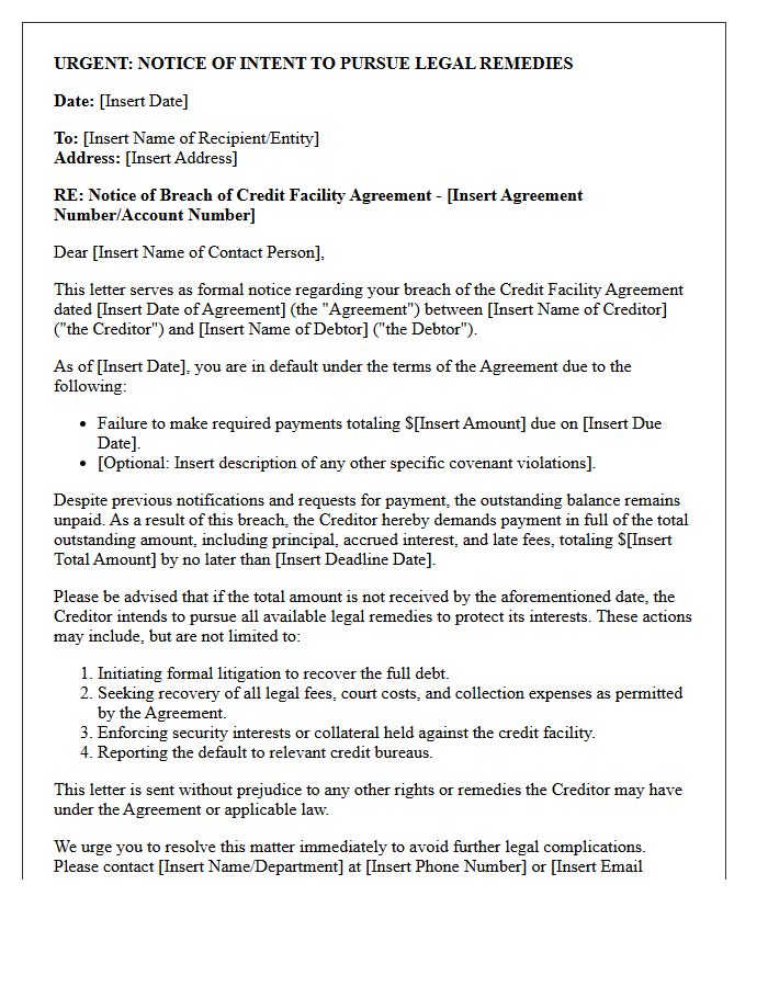 Letter of Intent to Pursue Legal Remedies for Breach of Credit Facility Agreement