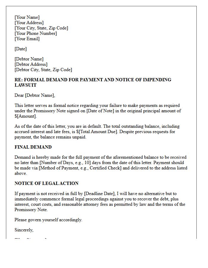 Notice Letter of Impending Lawsuit for Non-Payment of Promissory Note