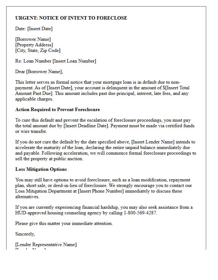 Notice of Intent Letter Regarding Foreclosure Escalation for Delinquent Mortgage
