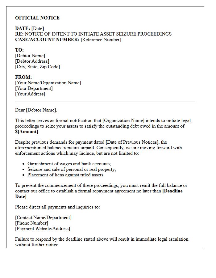 Official Letter of Intent to Initiate Asset Seizure Proceedings