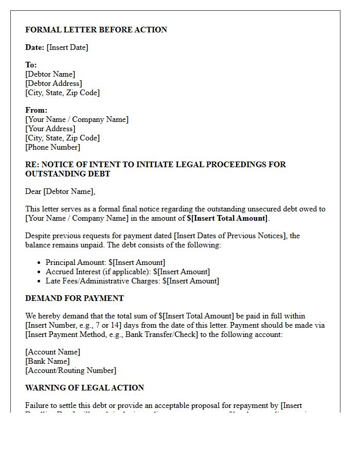 Pre-Litigation Warning Letter for Outstanding Unsecured Debt Recovery