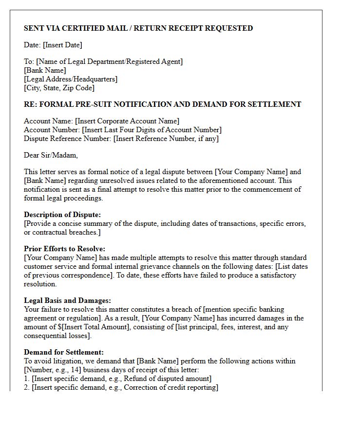 Pre-Suit Notification Letter for Unresolved Corporate Banking Dispute
