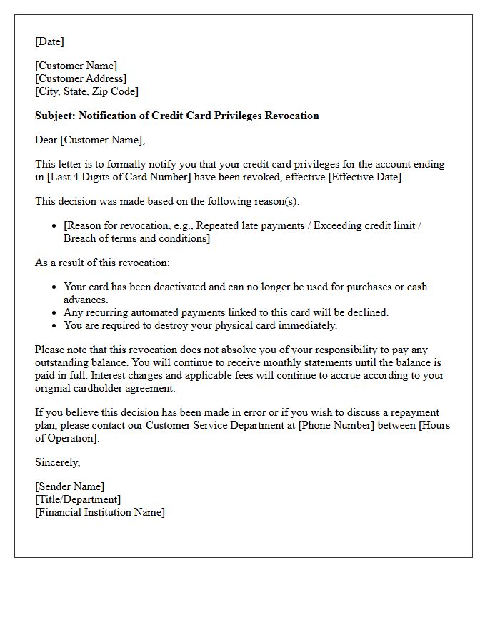 Credit Card Privileges Revocation Notification Letter