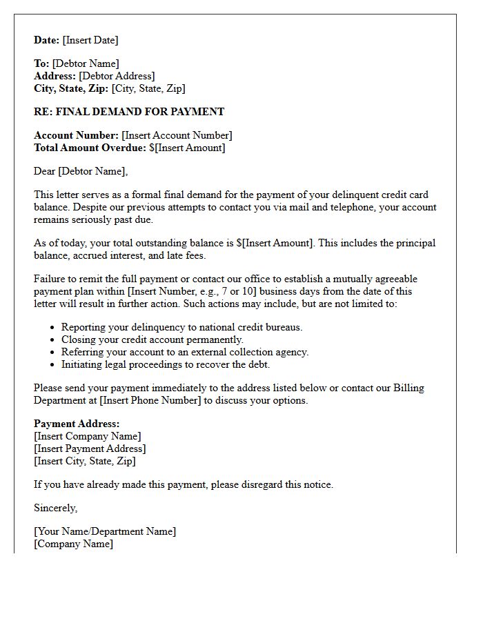 Final Demand Letter for Delinquent Credit Card Payment
