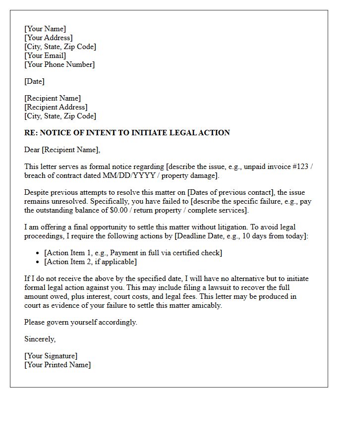 Intent to Initiate Legal Action Letter