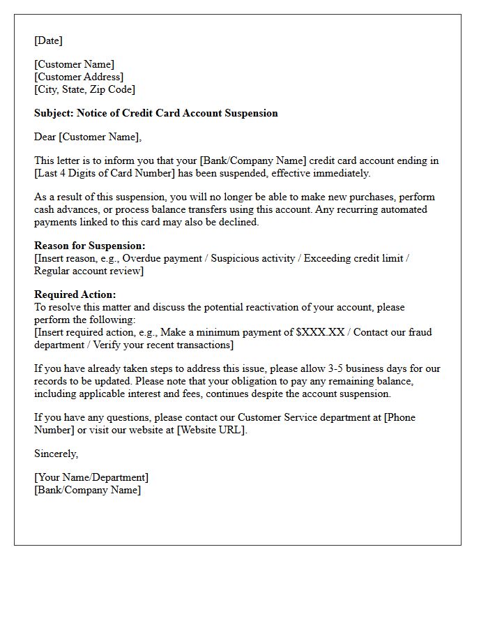 Notice of Credit Card Account Suspension Letter