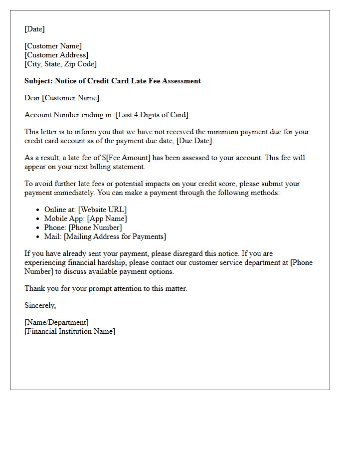 Notice of Credit Card Late Fee Assessment Letter
