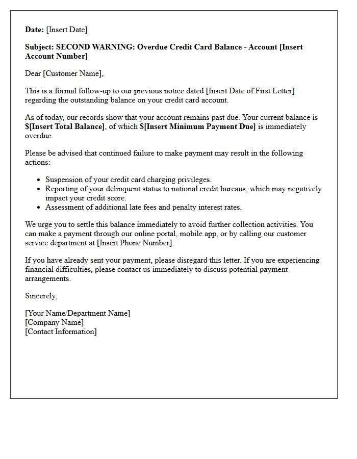 Second Warning Letter for Overdue Credit Card Balance