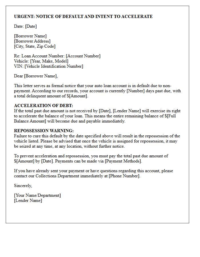 Auto Loan Acceleration and Repossession Warning Letter