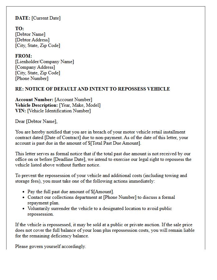 Breach of Contract Auto Repossession Warning Letter