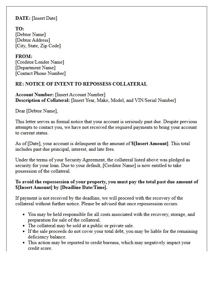 Collateral Recovery and Repossession Warning Letter