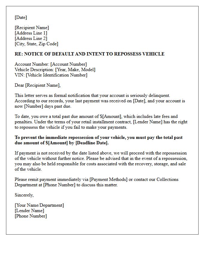 Delinquent Account Auto Repossession Warning Letter