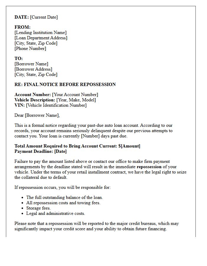 Final Auto Loan Repossession Warning Letter