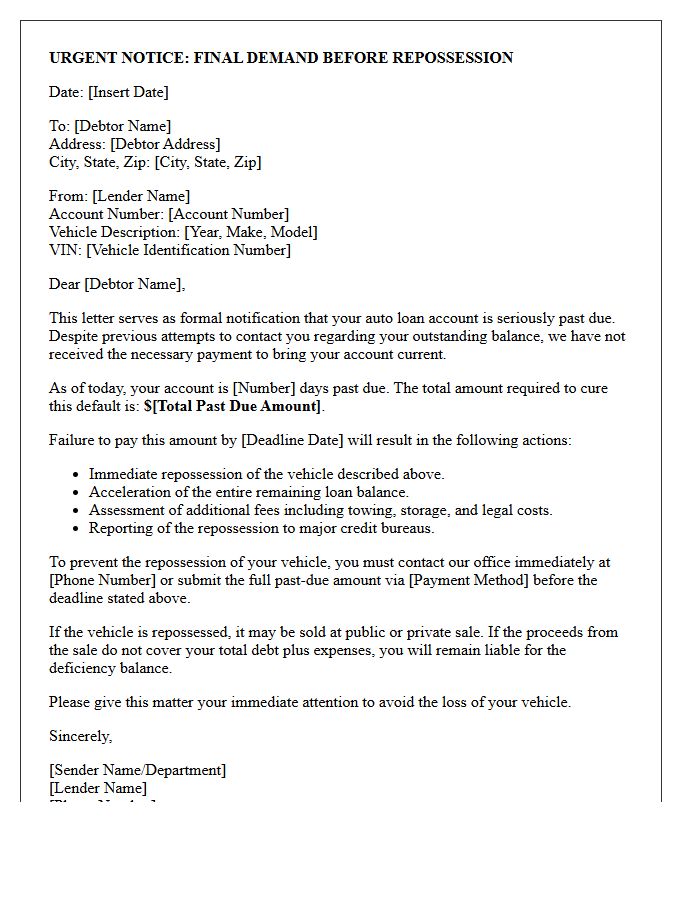 Final Demand Before Auto Repossession Letter