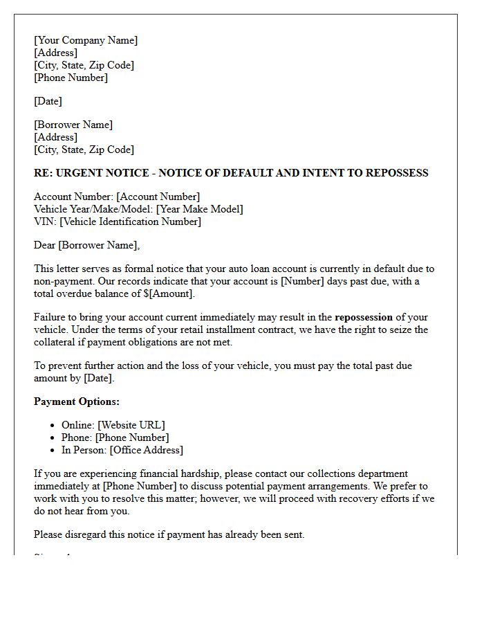 Initial Auto Loan Repossession Warning Letter