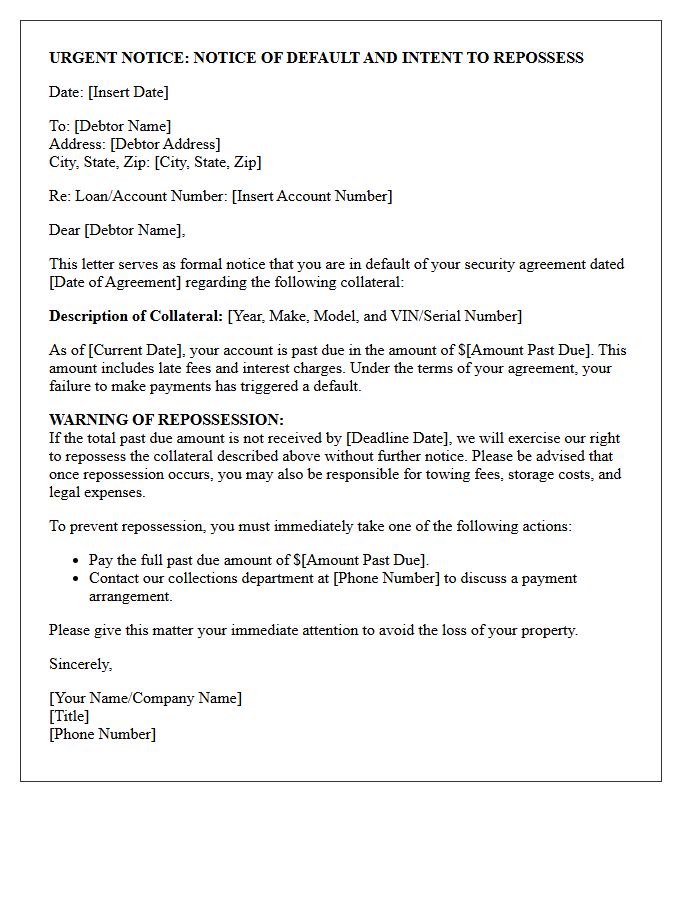 Notice of Default and Repossession Warning Letter