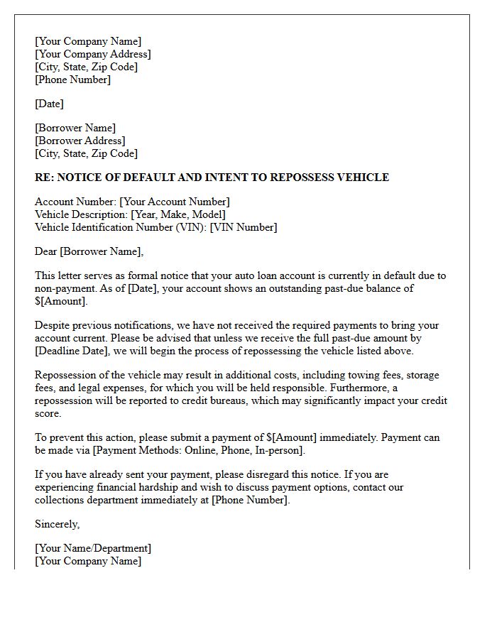 Outstanding Balance Auto Repossession Warning Letter