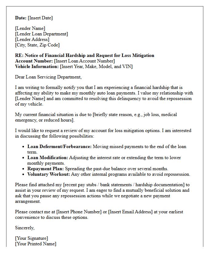Pre-Repossession Auto Loan Mitigation Letter