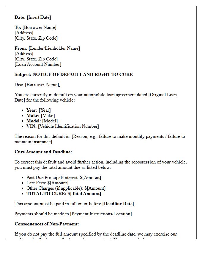 Right to Cure Auto Loan Default Letter