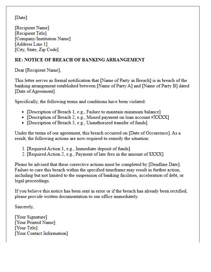 Banking Arrangement Breach Notification Letter