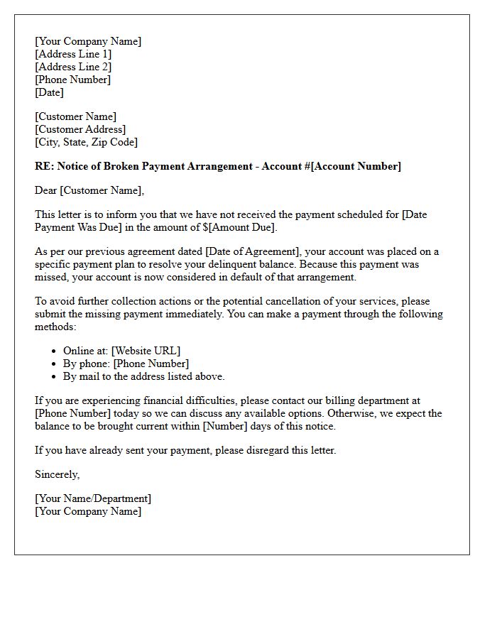 Delinquent Account Broken Arrangement Letter
