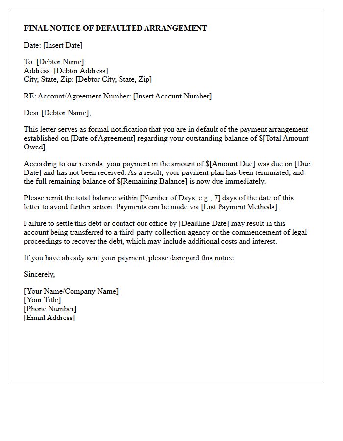 Final Notice of Defaulted Arrangement Letter