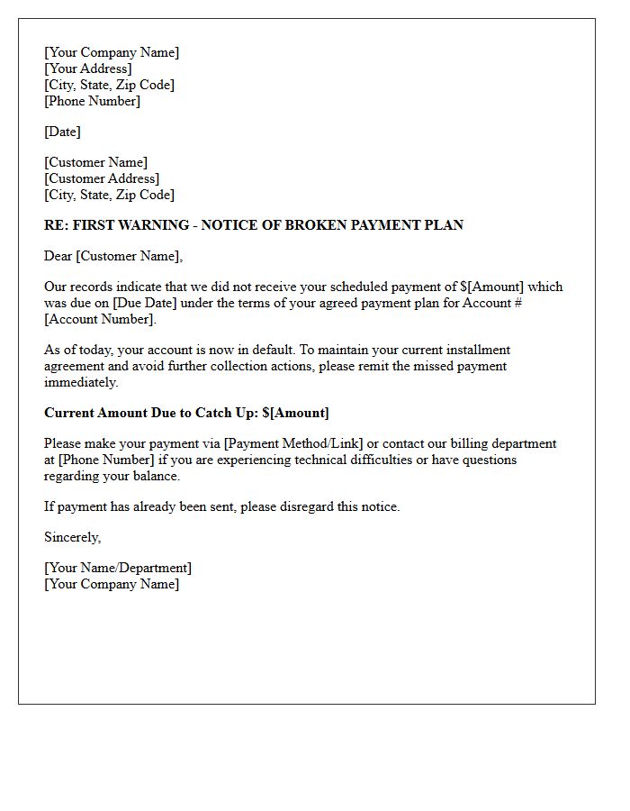 First Warning Broken Payment Plan Letter