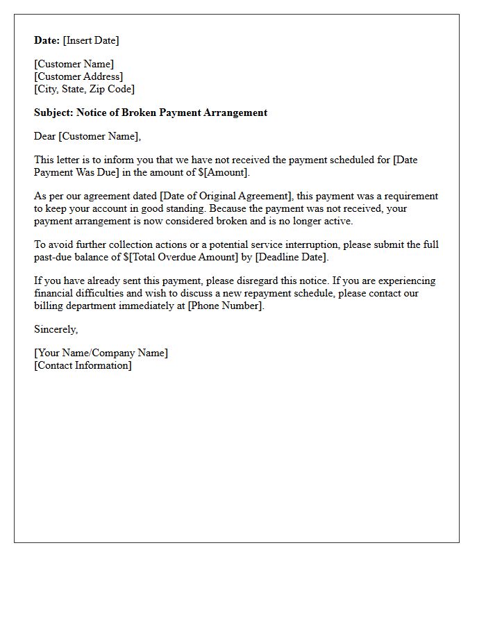 Notice of Broken Payment Arrangement Letter