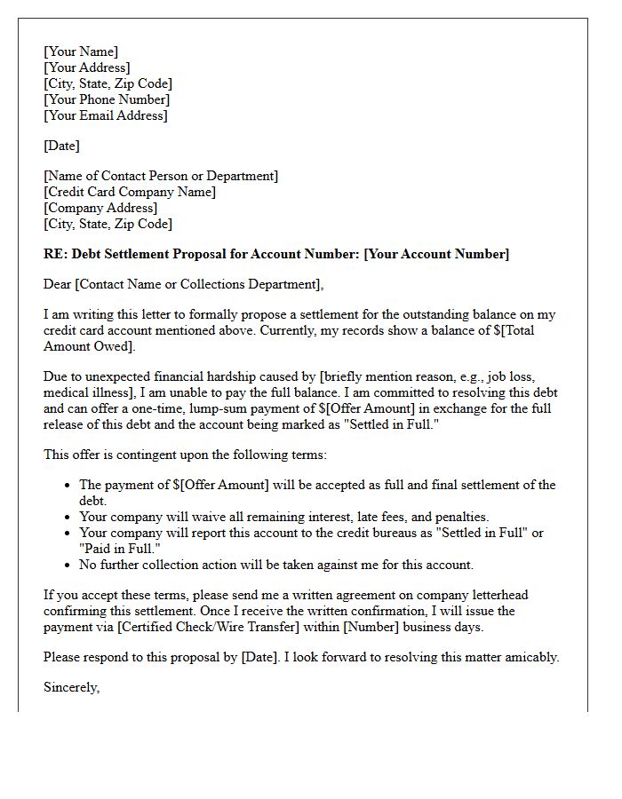 Credit Card Debt Settlement Proposal Letter