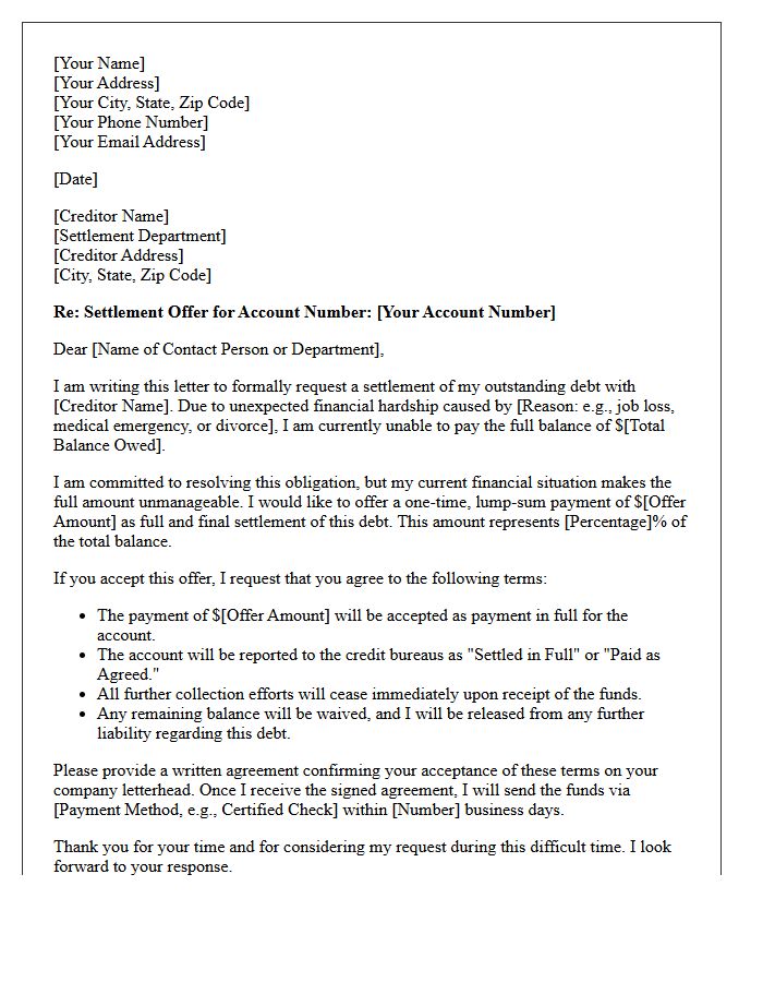 Financial Hardship Debt Settlement Offer Letter