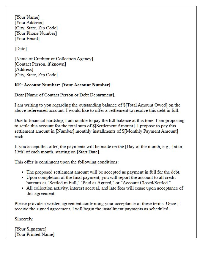 Installment Payment Debt Settlement Letter