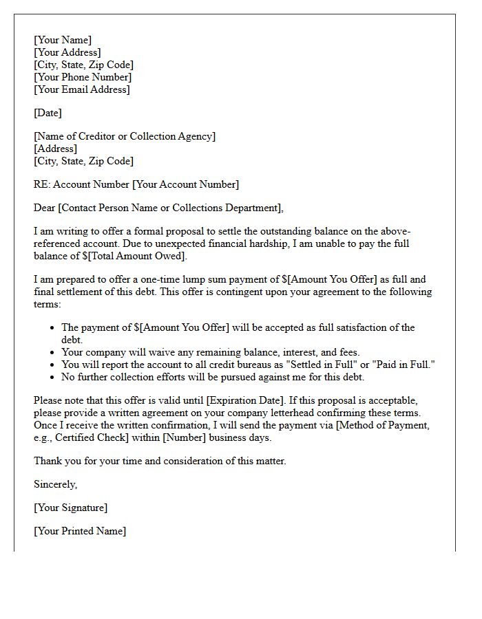 Lump Sum Debt Settlement Proposal Letter