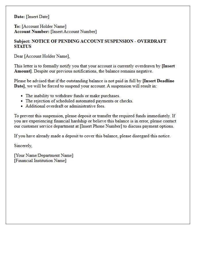 Account Suspension Warning for Overdraft Letter