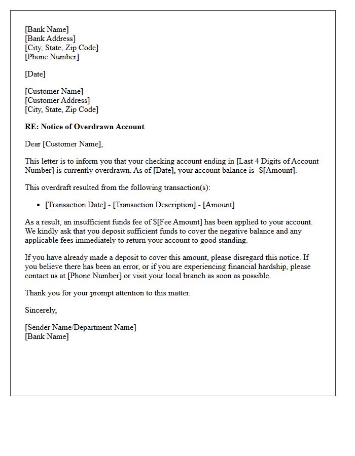 First Notice of Overdrawn Checking Account Letter