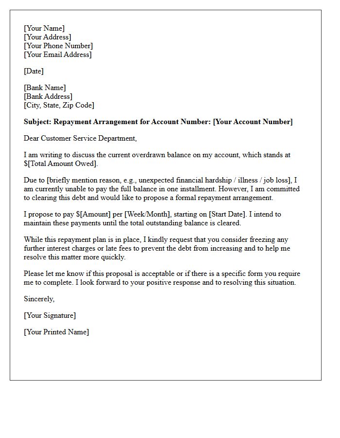 Overdrawn Account Repayment Arrangement Letter