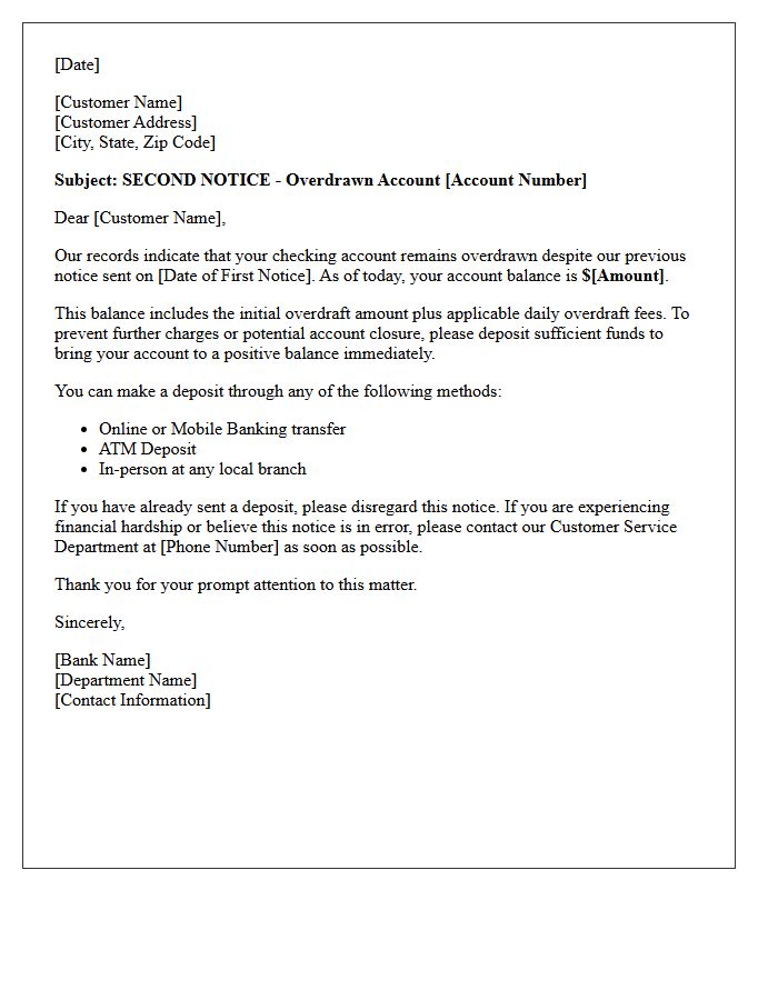 Second Notice of Overdrawn Checking Account Letter