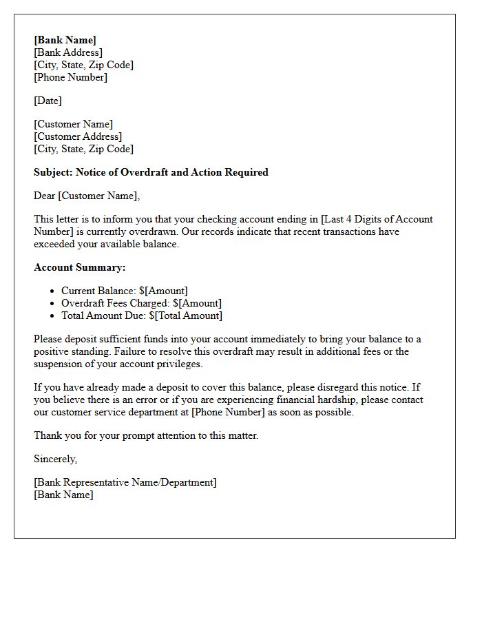 Standard Checking Account Overdraft Notice Letter